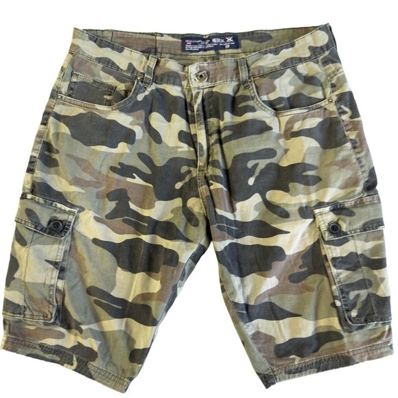 RED-OX Camo Cargo Shorts 34 – Distressed Green Woodland Utility Bottoms Grunge - Picture 1 of 14